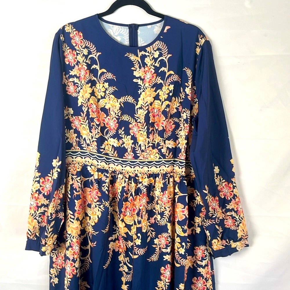 Women's Maxi Dress Long Sleeve Blue & Gold Floral Size 3X